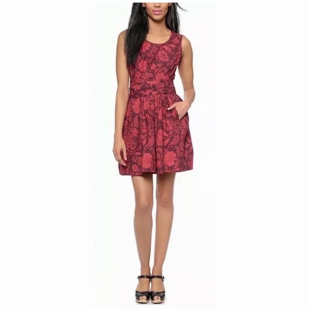 NWOT NEW Jill Stuart Red Floral Fit and Flare Belted Poplin Dress w pockets